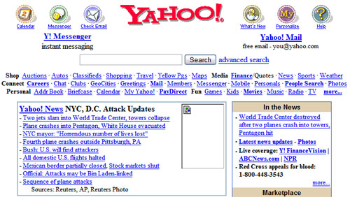 The Yahoo homepage made 9/11 information readily available on September 11, 2001