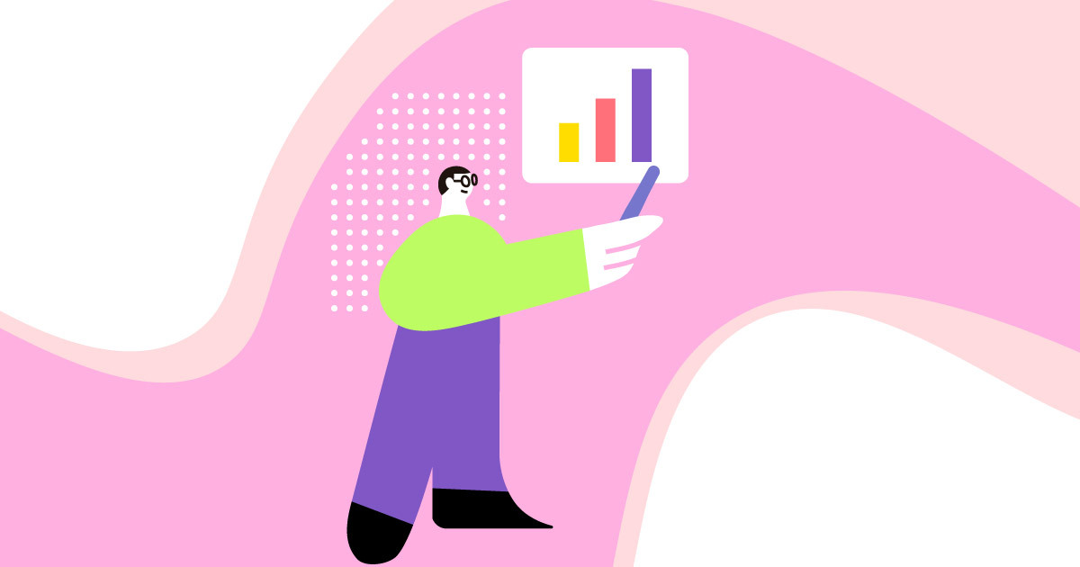 Abstract shaped illustration of a man pointing at a bar chart on a stylized background for an infographic entitled "Measuring Corporate Learning"