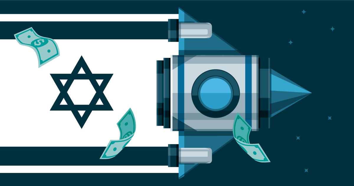 Illustration of a Rocketship in space with money floating around it. featuring the flag of Israel for an infographic entitled "Israel: Startup Nation"