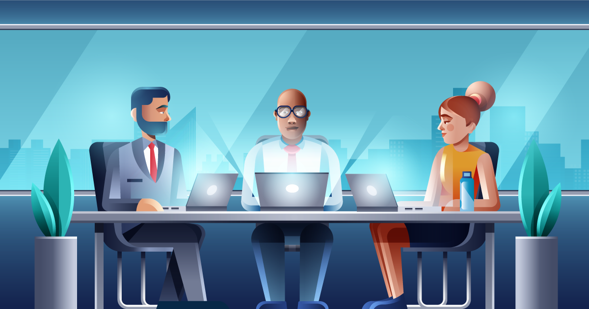 Illustration of a business meeting featuring three people working on laptop computers