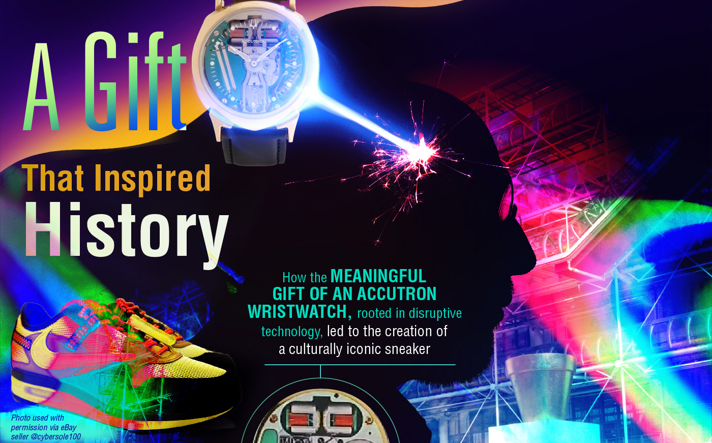 Infographic A Gift That Inspired History, this graphic shows how a gift of an Accutron wristwatch, led to the inspired creation of the iconic Nike Air sneakers.